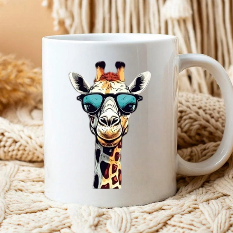 Tailorly White Ceramic 11 oz Mug - Artistic Trendy Giraffe Wearing Blue Tinted Sunglasses Over Pure White Background Giraffe