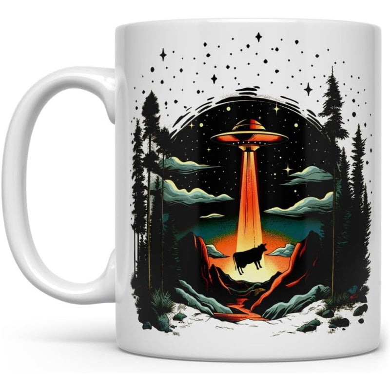 Tailorly White Ceramic 11 oz Mug - Mysterious Glowing Flying Saucer Hovering Over Midnight Pine Trees Cow