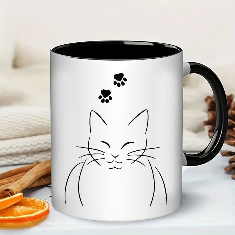 Tailorly Black Accent 11 oz Mug - minimalist black white cat face paw print design