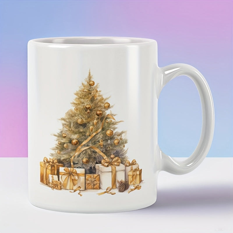 Tailorly White Ceramic 11 oz Mug - Elegant Gold Decorated Pine With Festive Ribbon And Gift Boxes Christmas Tree