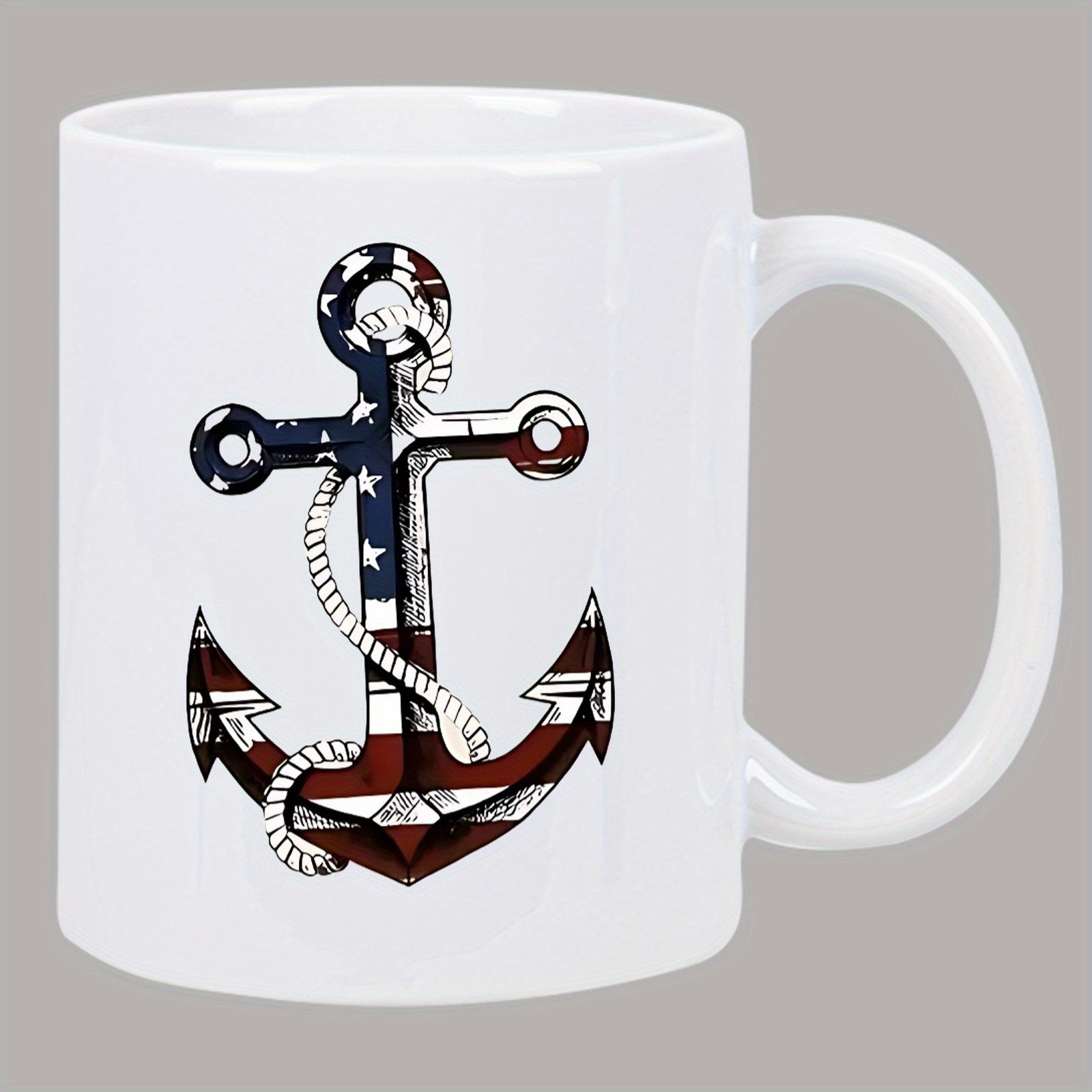 Tailorly White Ceramic 11 oz Mug - Patriotic American Flag Patterned Nautical Symbol Wrapped With White Rope Anchor