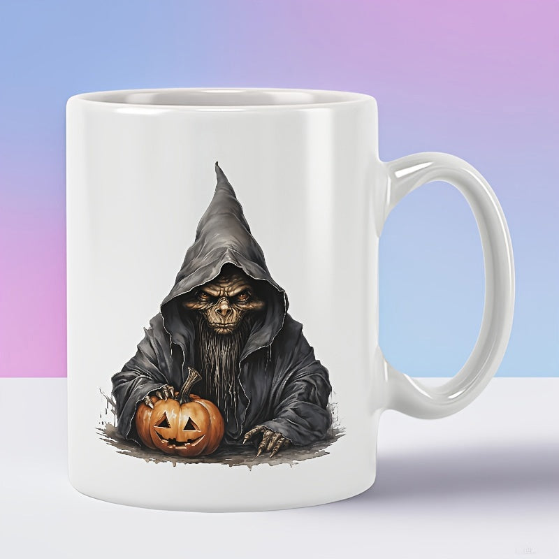Tailorly White Ceramic 11 oz Mug - Mystical Hooded Fantasy Goblin Holding A Carved Glowing Jack O Lantern Halloween Creature