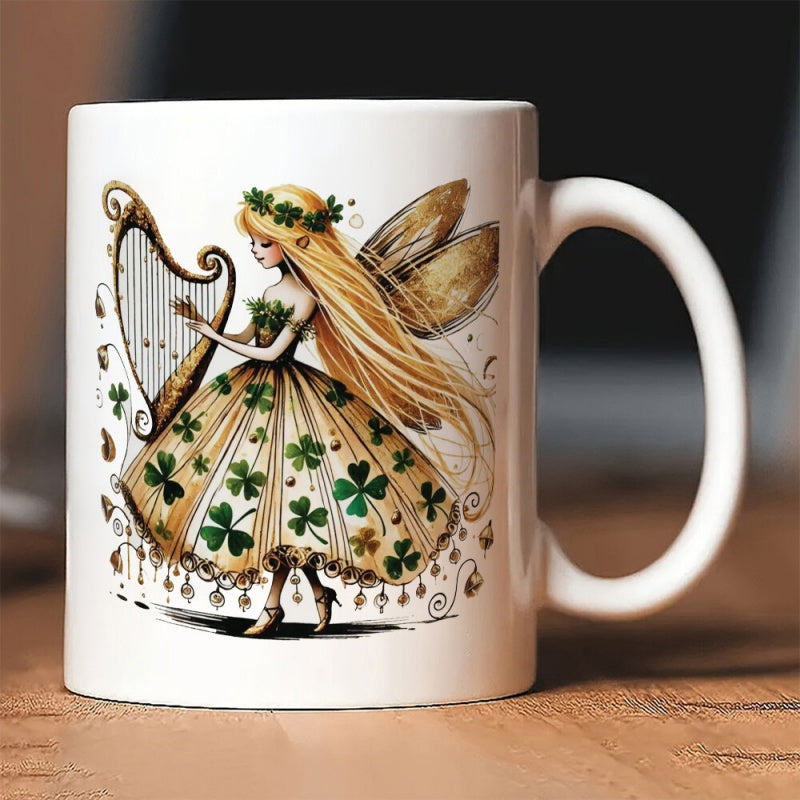 Tailorly White Ceramic 11 oz Mug - Elegant Winged Figure Playing Golden Harp Wearing Green Shamrock Dress Fairy