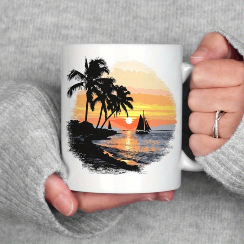 Tailorly White Ceramic 11 oz Mug - Tropical Sunset With Silhouetted Palm Trees Resting By Calm Ocean Sailboat