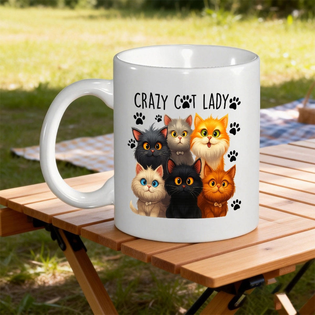 Tailorly White Ceramic 11 oz Mug - Crazy Cat Lady Group Of Six Adorable Multicolored Cartoon Kittens Surrounded By Small Paw Prints Cat