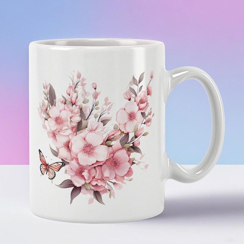 Tailorly White Ceramic 11 oz Mug - Pink Cherry Blossoms With A Delicate Butterfly And Soft Elegant Leaves Flowers
