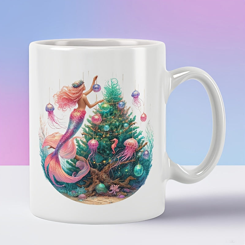 Tailorly White Ceramic 11 oz Mug - Magical Undersea World With Jellyfish Decorating A Coral Christmas Tree Mermaid