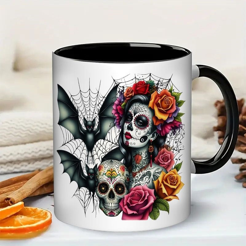 Tailorly Black Accent 11 oz Mug - sugar skull with bats， roses， and spiderwebs