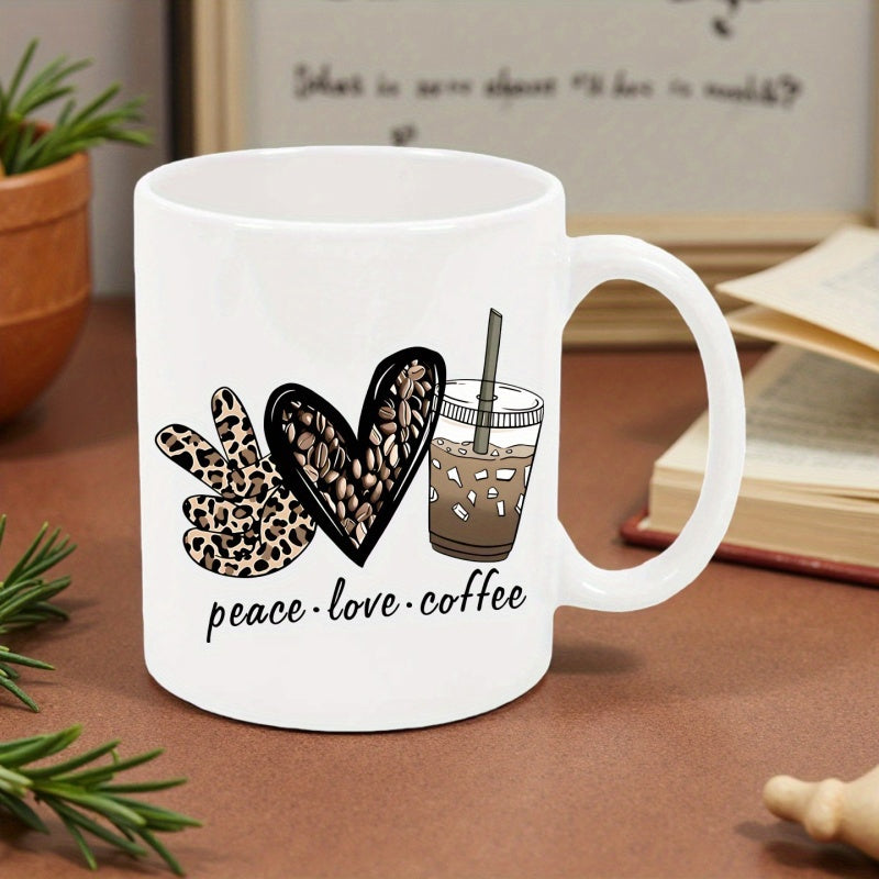 Tailorly White Ceramic 11 oz Mug - Peace Love Coffee Artistic Leopard Print Patterns Featuring Hand Heart And Iced Coffee
