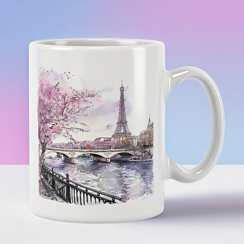 Tailorly White Ceramic 11 oz Mug - Artistic Watercolor Paris Landscape With Pink Cherry Blossoms And River Eiffel Tower