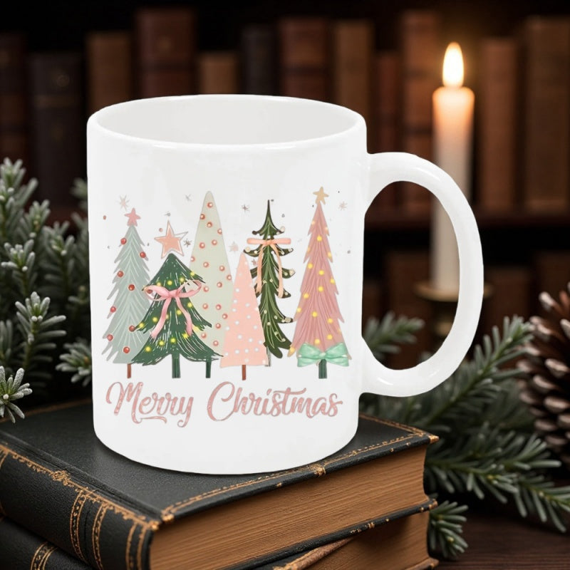 Tailorly White Ceramic 11 oz Mug - Merry Christmas Decorative Pastel Christmas Forest With Festive Ribbons And Shining Stars Tree