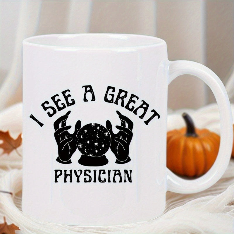 Tailorly White Ceramic 11 oz Mug - I See A Great Physician Mystical Hands Framing A Sparkling Crystal Ball With Celestial Stars And Moon Crystal Ball