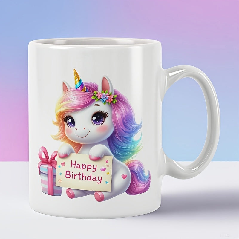 Tailorly White Ceramic 11 oz Mug - Happy Birthday Adorable Rainbow Mane Holding Small Card Beside Gift Unicorn