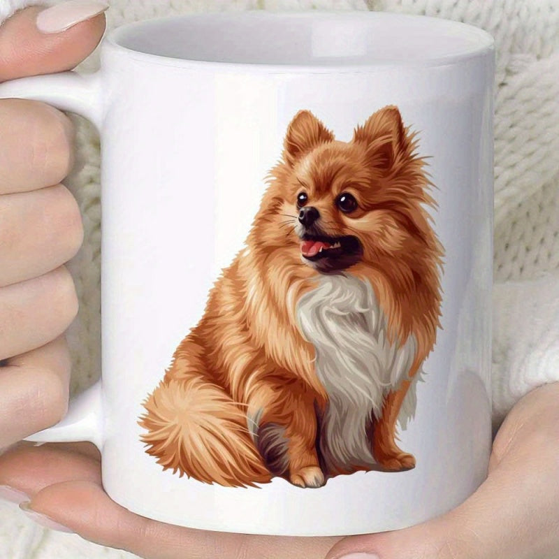 Tailorly White Ceramic 11 oz Mug - Fluffy Brown Fur Sitting Calmly On White Background Featuring Realistic Details Pomeranian