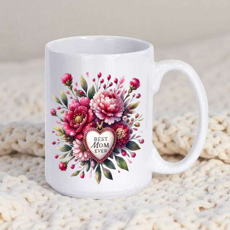 Tailorly White Ceramic 11 oz Mug - Best Mom Ever Beautiful Vibrant Pink Peonies Among Green Leaves Surrounding A Vintage Heart Bouquet
