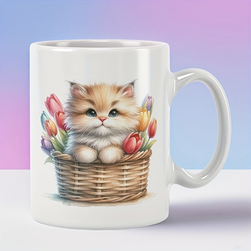 Tailorly White Ceramic 11 oz Mug - Adorable Fluffy Pet Resting Inside Woven Basket Among Colorful Spring Tulips Kitten
