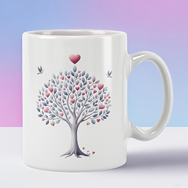 Tailorly White Ceramic 11 oz Mug - Elegant Artistic Branches With Pink Heart Shaped Leaves And Flying Birds Tree