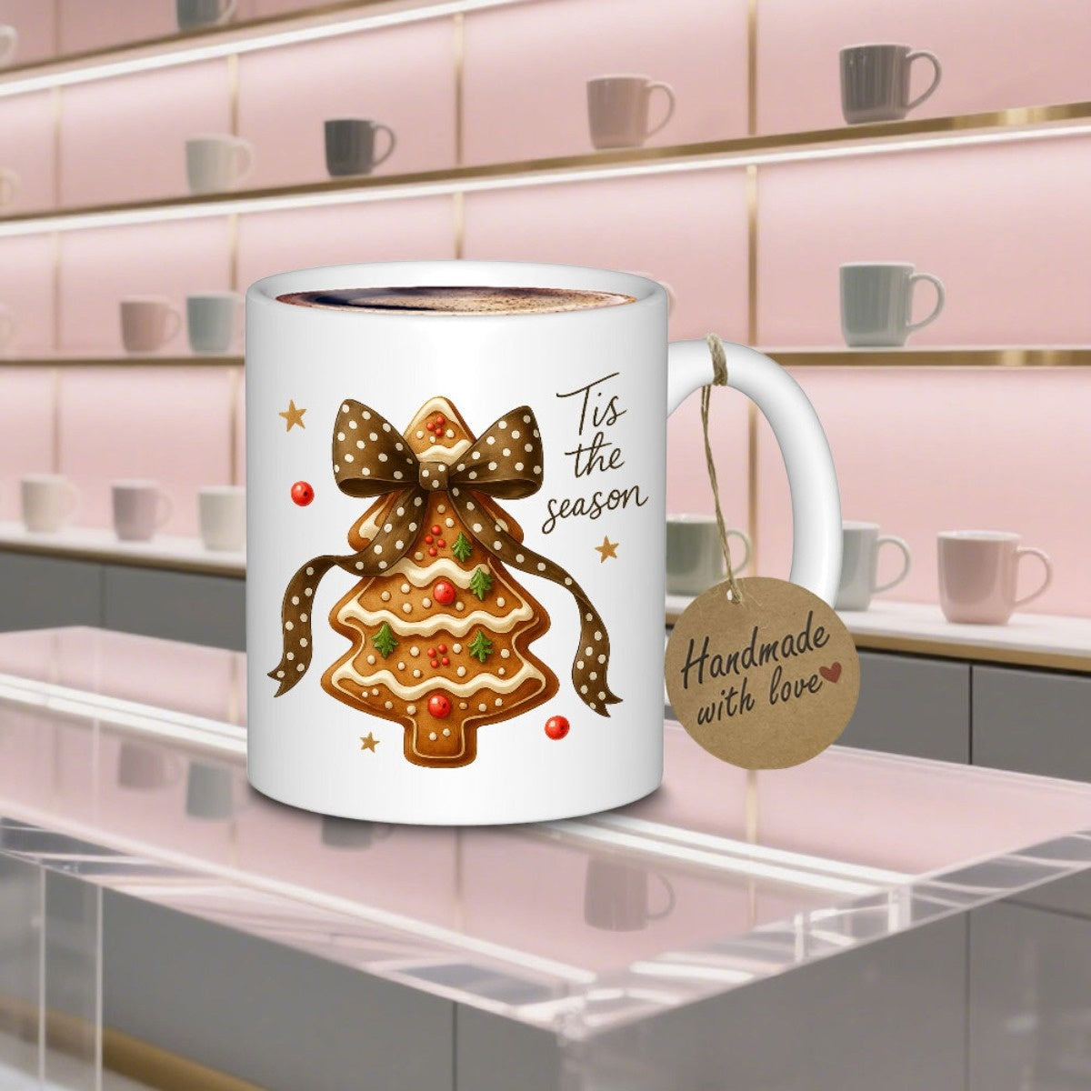 Tailorly White Ceramic 11 oz Mug - Tis The Season Festive Brown Cookie Decorated With Icing And Polka Dot Ribbon Gingerbread Tree
