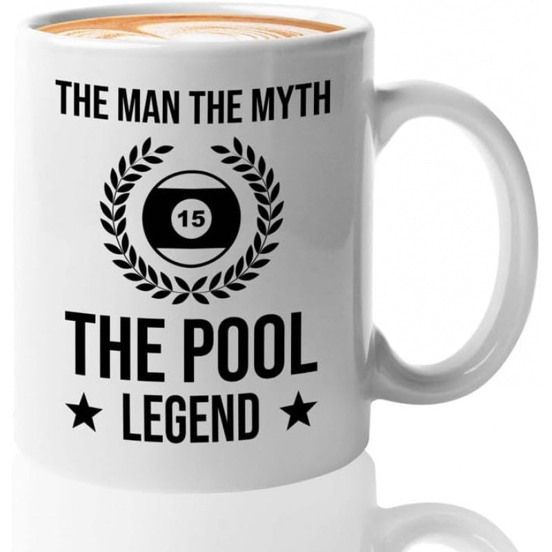 Tailorly White Ceramic 11 oz Mug - The Man The Myth The Pool Legend Bold Black Billiard Ball Within A Classic Laurel Wreath Decorative Billiard Ball