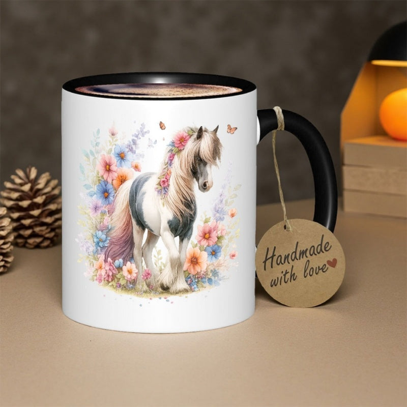 Tailorly Black Accent 11 oz Mug - white and brown horses with vibrant flowers