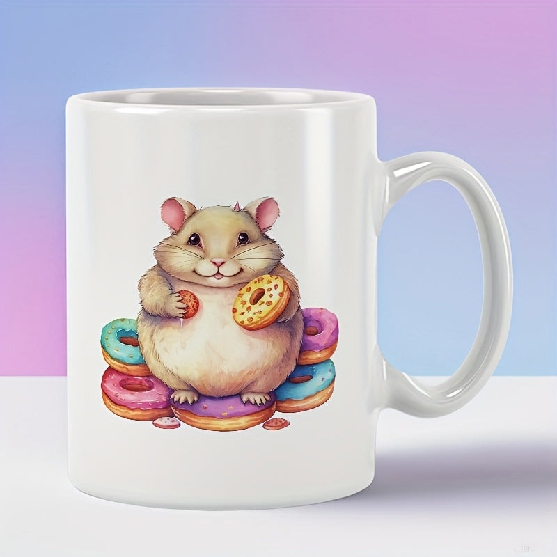 Tailorly White Ceramic 11 oz Mug - Chubby Little Animal Sitting Among Several Colorful Sprinkled Sweet Doughnuts Hamster