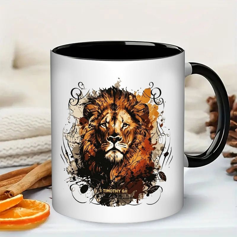 Tailorly Black Accent 11 oz Mug - lion， scripture design