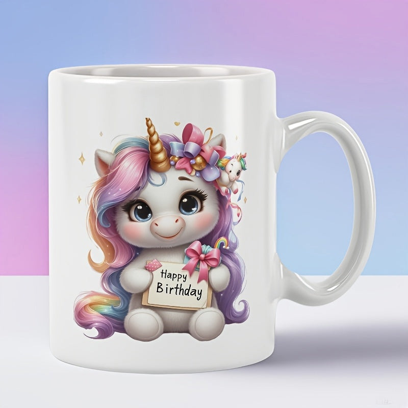 Tailorly White Ceramic 11 oz Mug - Happy Birthday Adorable Baby With Rainbow Mane Holding A Festive Sign Unicorn