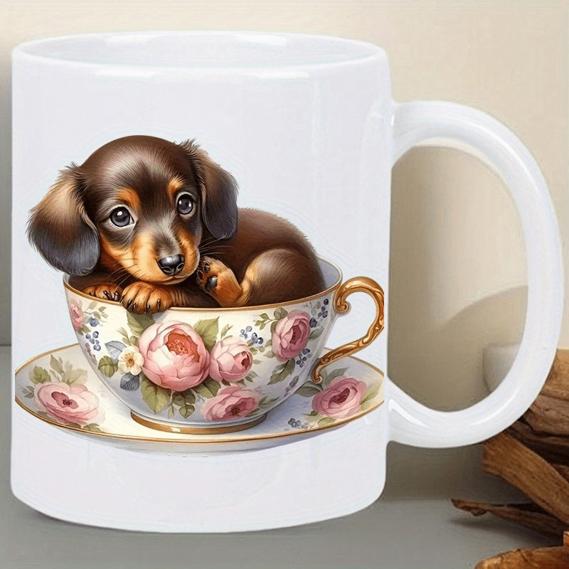 Tailorly White Ceramic 11 oz Mug - Cute Brown Puppy Resting Inside A Pink Floral Teacup Dachshund