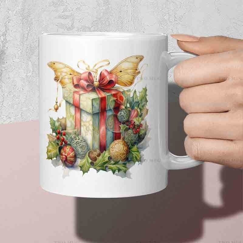 Tailorly White Ceramic 11 oz Mug - Festive Holiday Box With Red Ribbon And Golden Butterfly Wings Gift Box