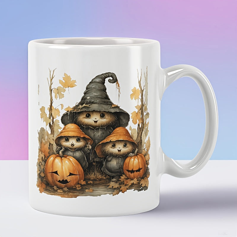 Tailorly White Ceramic 11 oz Mug - Whimsical Little Creatures Wearing Hats Among Autumn Pumpkins And Leaves Mushroom
