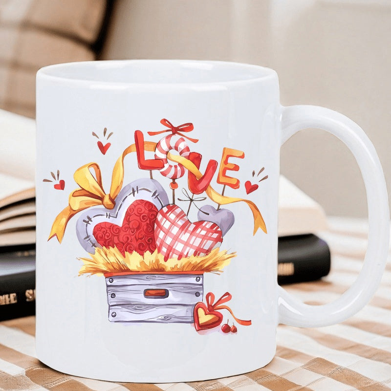 Tailorly White Ceramic 11 oz Mug - Love Decorative Red Hearts Emerging From Rustic Wooden Crate With Ribbons Heart
