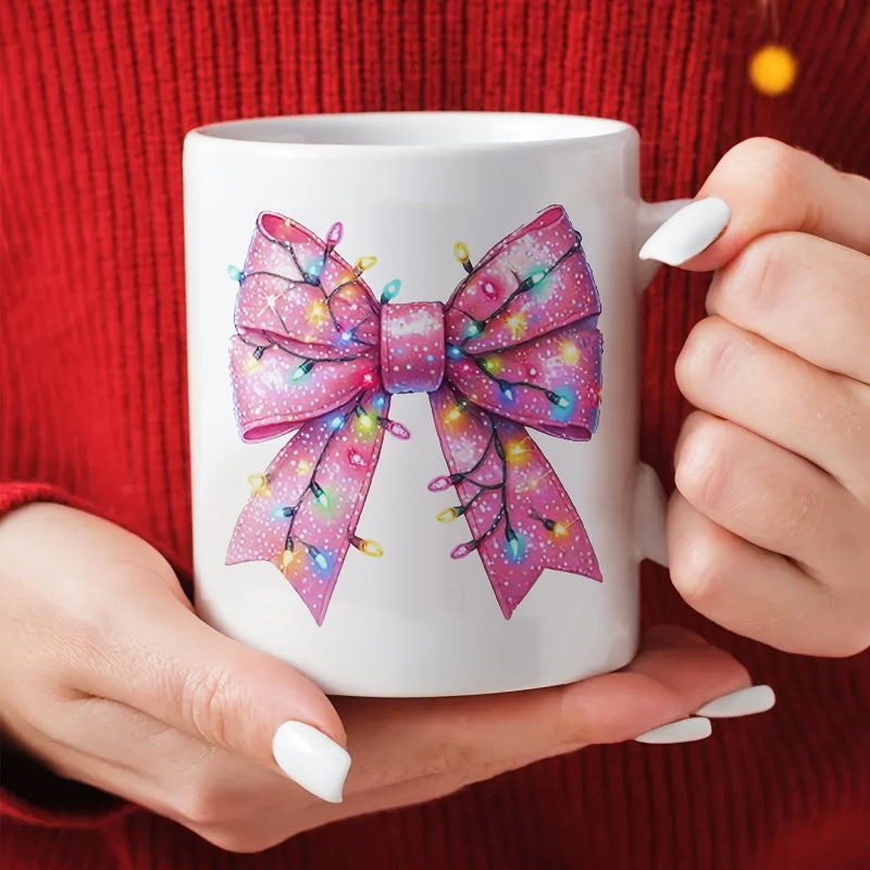 Tailorly White Ceramic 11 oz Mug - Pink Glittery Wrapped With Glowing Colorful Festive Christmas String Lights Bow