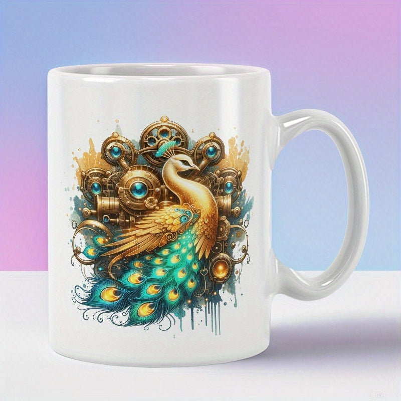 Tailorly White Ceramic 11 oz Mug - Intricate Golden Steampunk Gears With Vibrant Teal Feathers And Artistic Mechanical Details Peacock