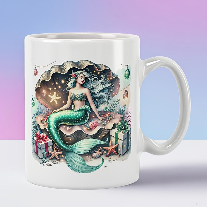 Tailorly White Ceramic 11 oz Mug - Magical Festive Undersea Scene With Shell And Gifts Beside A Beautiful Mermaid