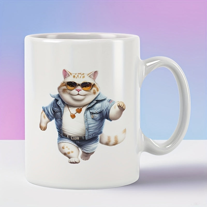 Tailorly White Ceramic 11 oz Mug - Cool Chubby Feline Dressed In Denim Jacket And Stylish Sunglasses Cat