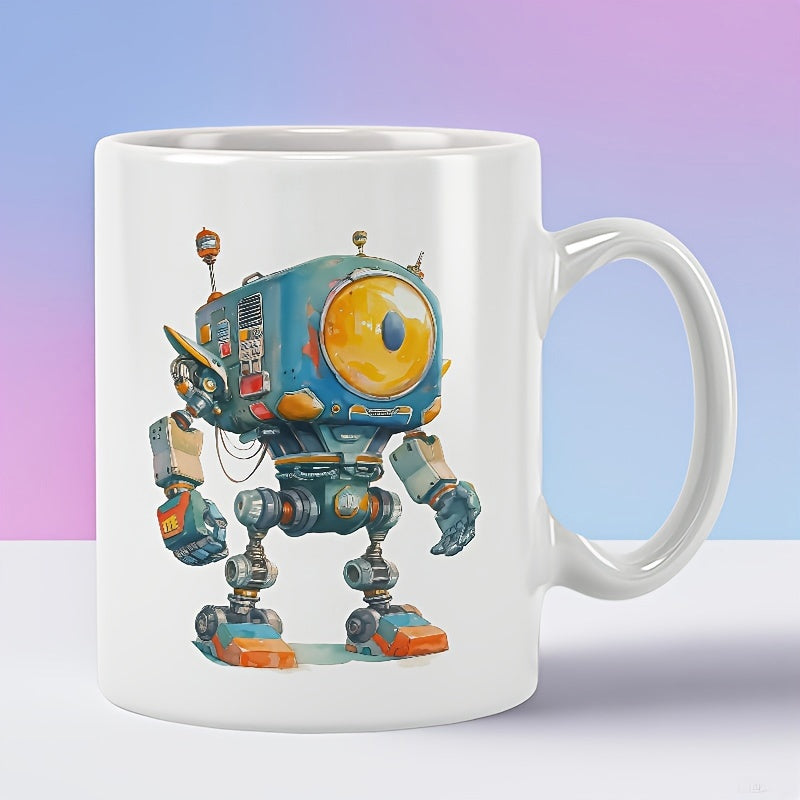 Tailorly White Ceramic 11 oz Mug - Vintage Blue Mechanical Robot Standing With Large Yellow Glowing Circular Eye Robot