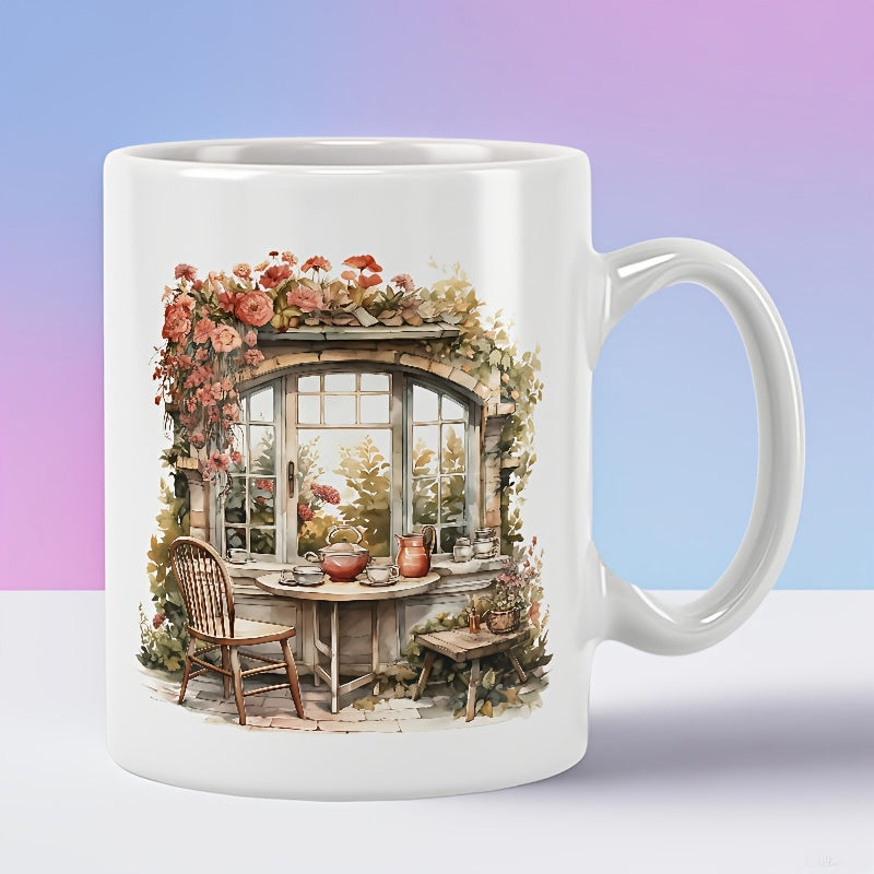 Tailorly White Ceramic 11 oz Mug - Rustic Cottage Garden With Red Roses Climbing Over An Arched Window