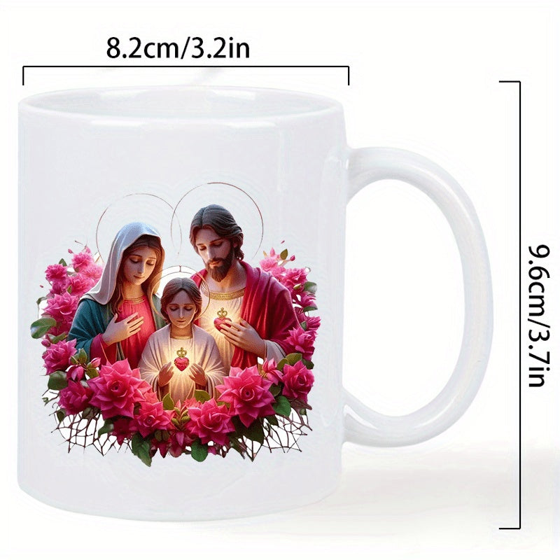 Tailorly White Ceramic 11 oz Mug - Sacred Figures Surrounded By Blooming Pink Roses And Divine Light Holy Family