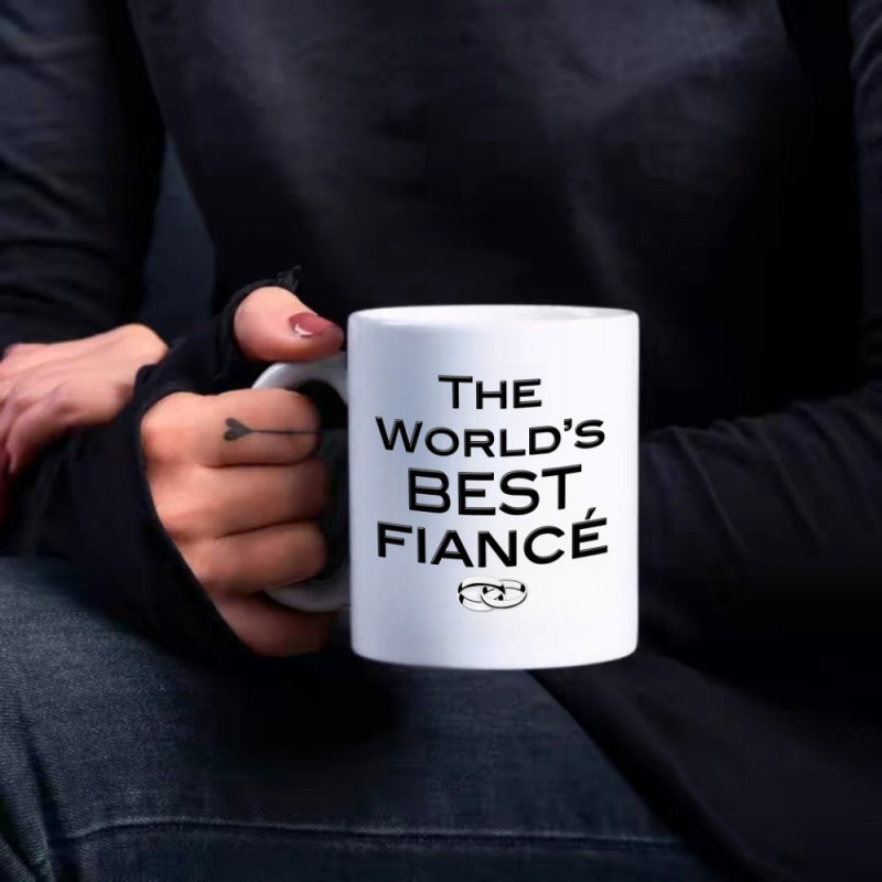 Tailorly White Ceramic 11 oz Mug - The Worlds Best Fiance Simple White Ceramic Vessel Held By Person With Minimalist Design Mug