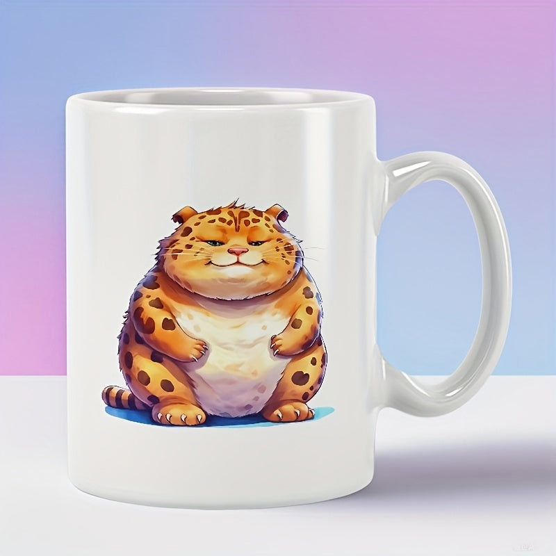 Tailorly White Ceramic 11 oz Mug - Chubby Adorable Spotted Wild Cat Sitting With Content Expression Leopard
