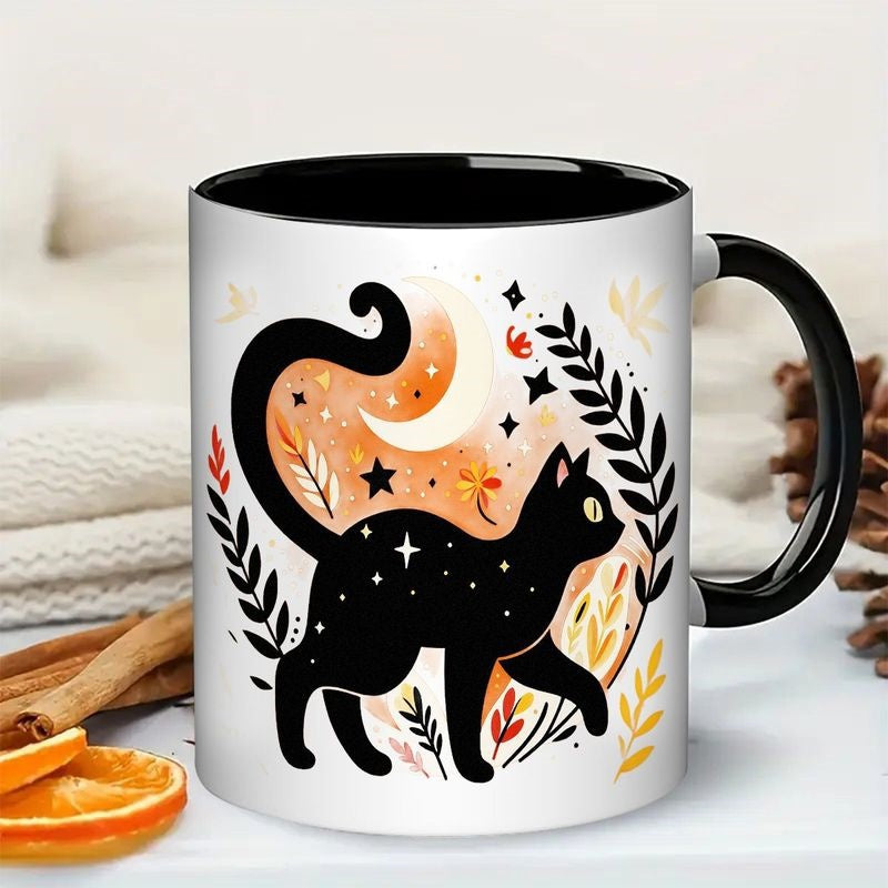 Tailorly Black Accent 11 oz Mug - magical cat moon black cat with stars