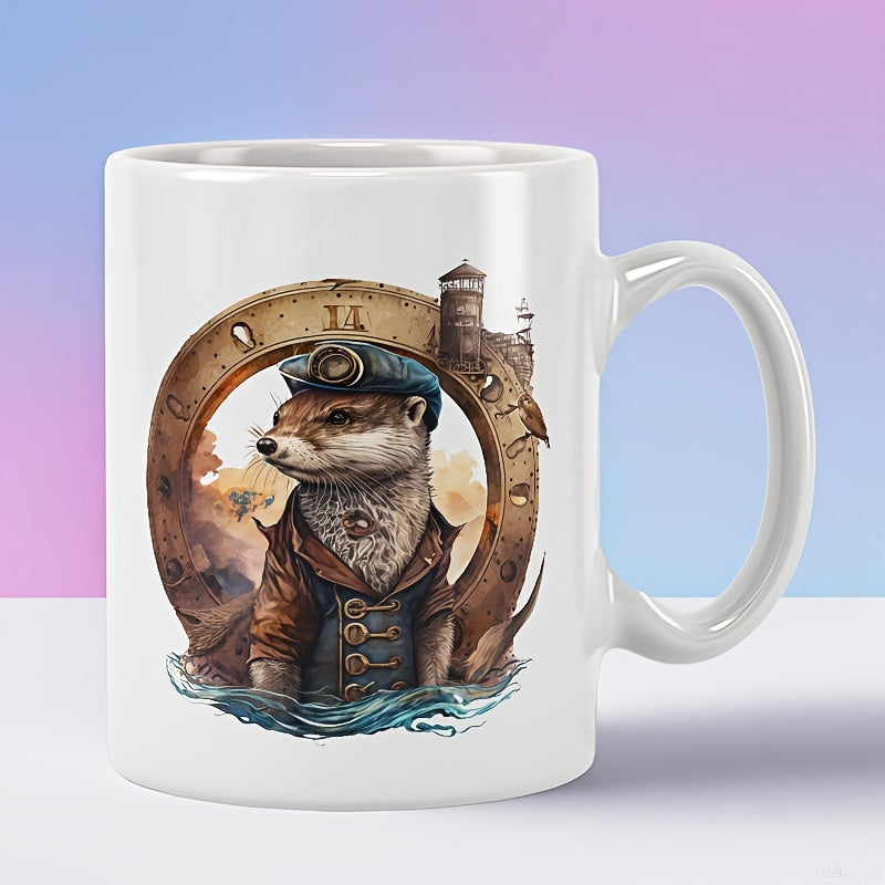 Tailorly White Ceramic 11 oz Mug - Vintage Nautical Steampunk Style Wearing Sailor Uniform Within Sea Otter