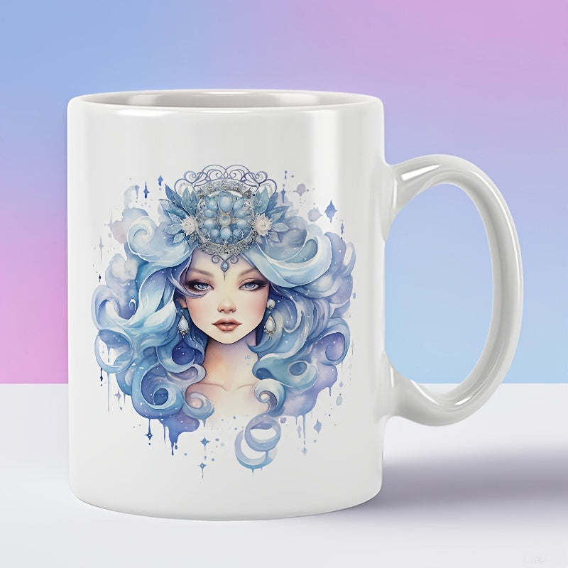Tailorly White Ceramic 11 oz Mug - Ethereal Blue Flowing Hair Wearing Ornate Crystal Crown With Mystical Sparkles Goddess