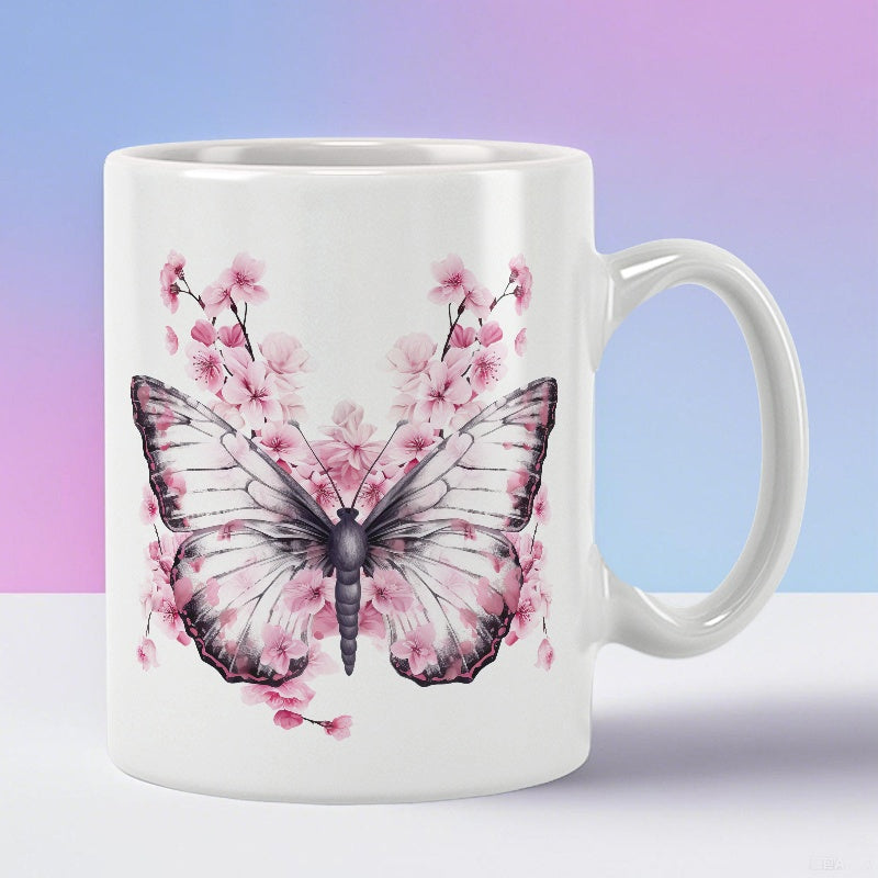 Tailorly White Ceramic 11 oz Mug - Delicate Pink Cherry Blossoms Blooming Behind A Graceful Detailed Monochrome Butterfly