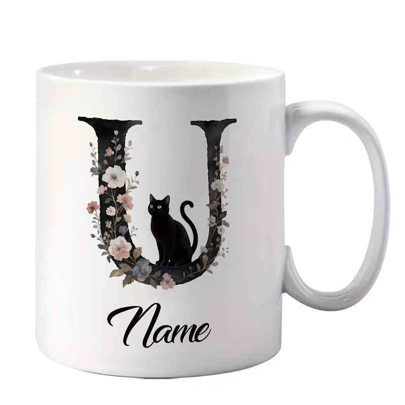 Tailorly White Ceramic 11 oz Mug - Name Black Silhouette Sitting Inside Floral Letter U With Delicate Blossoms Cat