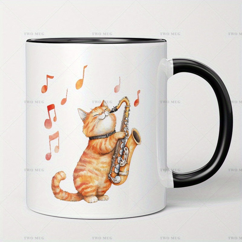 Tailorly Black Accent 11 oz Mug - kitten playing saxophone