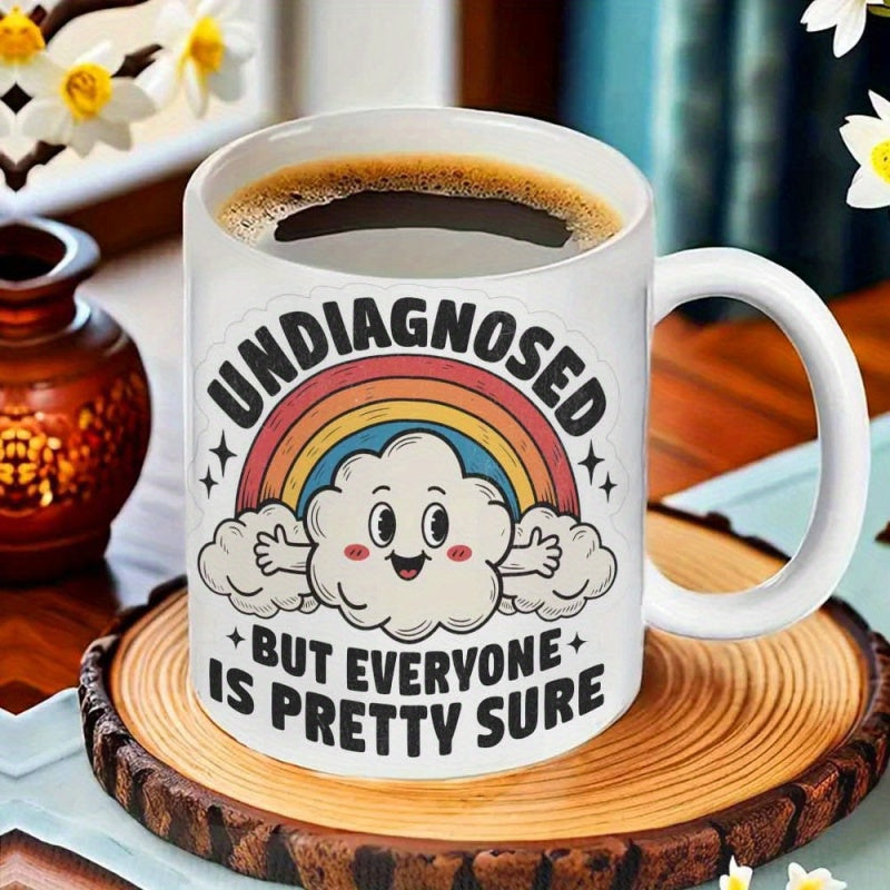 Tailorly White Ceramic 11 oz Mug - Undiagnosed But Everyone Is Pretty Sure Happy Cartoon Cloud With Rainbow Arcs And Small Decorative Stars Mug