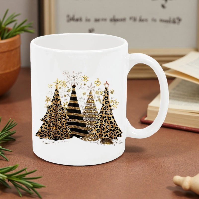 Tailorly White Ceramic 11 oz Mug - Stylized Holiday Trees With Leopard Patterns And Golden Star Tree