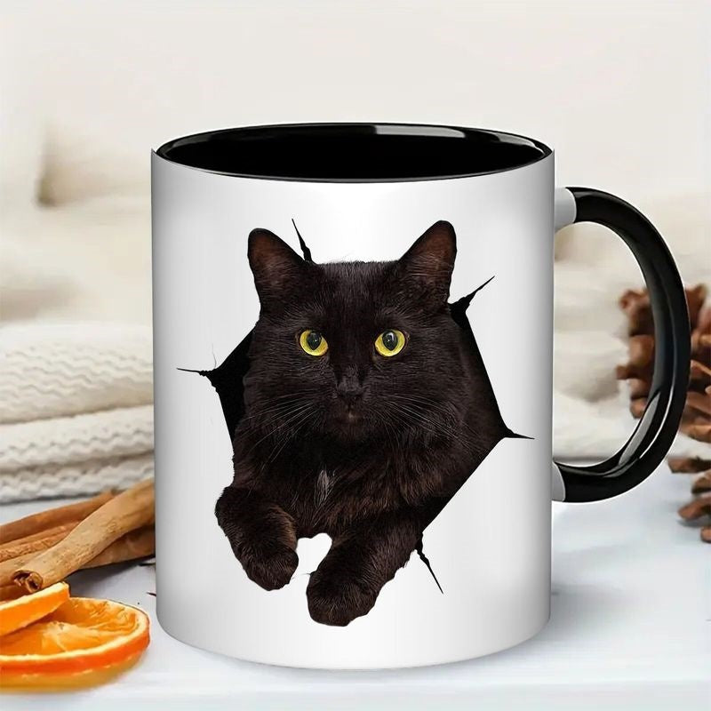 Tailorly Black Accent 11 oz Mug - black cat peeking out with eyes