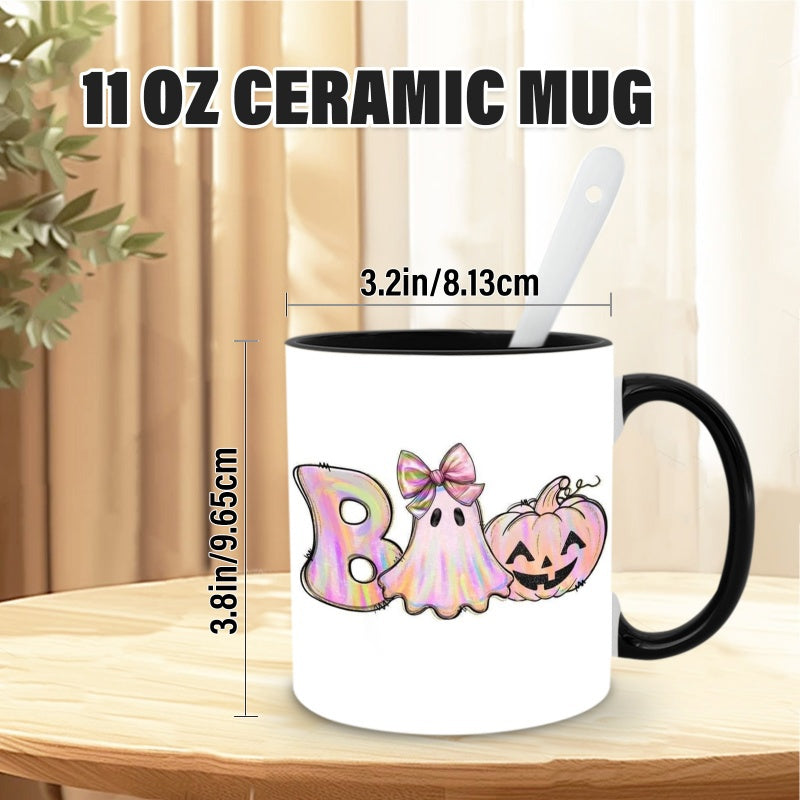Tailorly Black Accent 11 oz Mug - boo pumpkin Halloween watercolor design